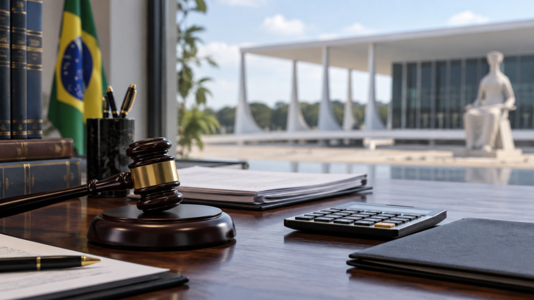 Balança da justiça ao lado de calculadora e documentos representando comprovação de renda